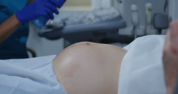 Médico examinando a una mujer embarazada con ultrasonido — Vídeos de Stock