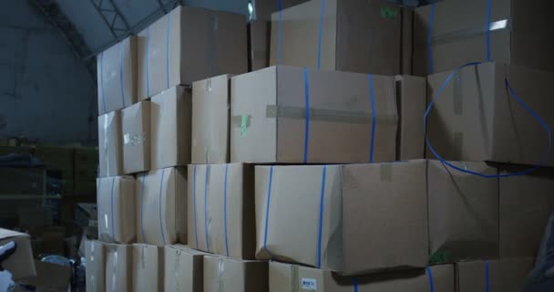Boîtes d'empilage de robots dans un entrepôt — Video
