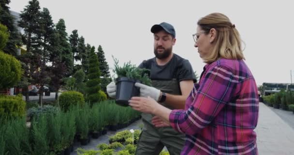 Jardineiros caminhando no jardim do berçário — Vídeo de Stock