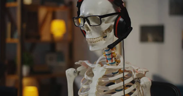 Bilgisayarbaşında kulaklıklı iskelet — Stok fotoğraf