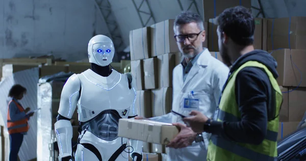 Robot bringing box to technicians in a warehouse