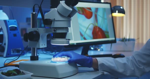 Scientist examining sample with a microscope — Stock Video