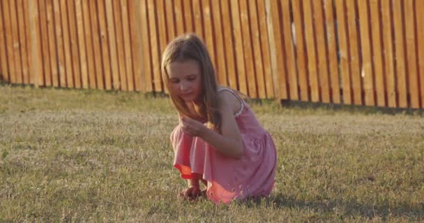 Niña agachada en el campo — Vídeos de Stock