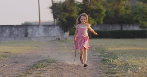 Mädchen spielt mit Stock im Feld — Stockvideo