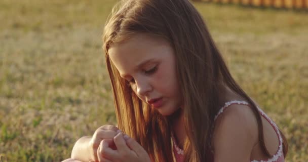 Маленька дівчинка розриває траву в полі — стокове відео