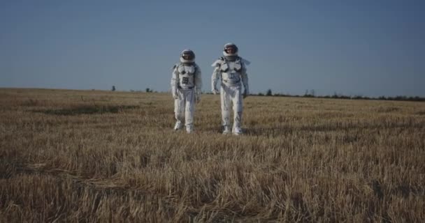 Zwei Astronauten überqueren ein Feld — Stockvideo