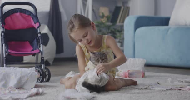 Girl pampering a cat — Stock Video