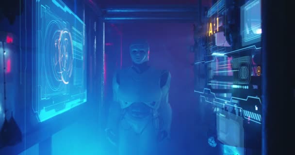Robot humanoïde travaillant dans un laboratoire rempli de fumée — Video