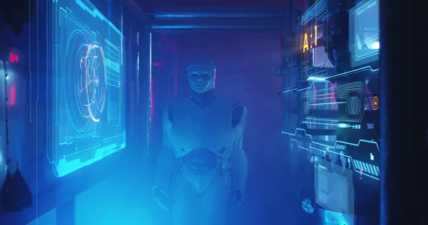 Robot humanoide trabajando en un laboratorio lleno de humo — Foto de Stock
