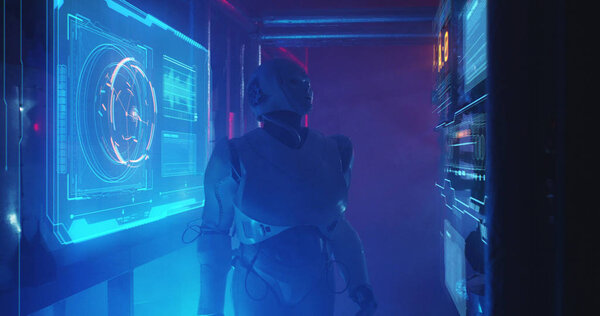 Humanoid robot working in a smoke filled lab