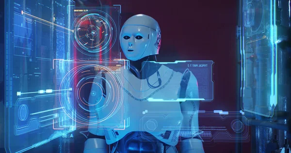 Robot zkoumá holografický displej — Stock fotografie