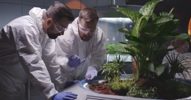 Dois cientistas examinando o solo do jardim marciano — Vídeo de Stock
