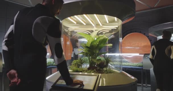 Naukowiec kontrolujący inkubator roślin — Wideo stockowe
