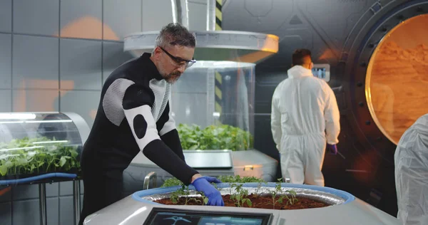 Scientist planting seedlings on Martian base — Stock Photo, Image