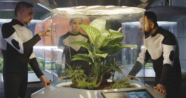 Astrobiolodzy badający inkubator roślin — Zdjęcie stockowe