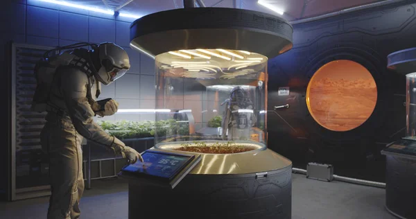 Astronauci badający inkubator roślin — Zdjęcie stockowe