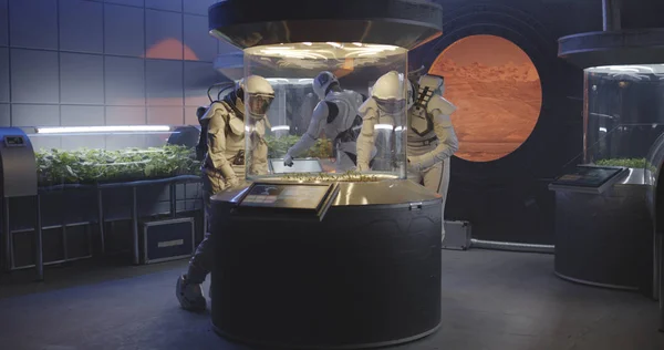 Astronautas y robot examinando incubadora de plantas — Foto de Stock