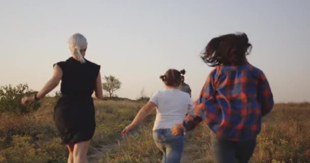 Soldat et sa famille marchant sur une prairie — Video