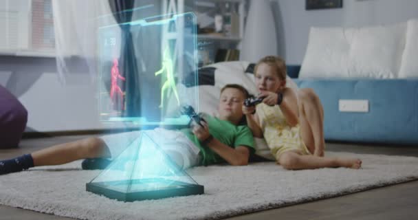 Kinderen spelen futuristisch videospel — Stockvideo