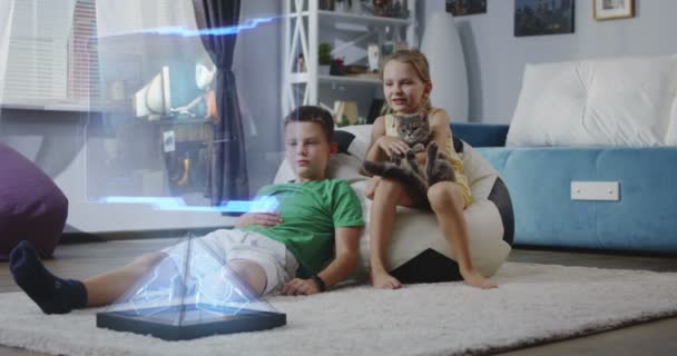 Children watching holographic animated movie — Stock Video