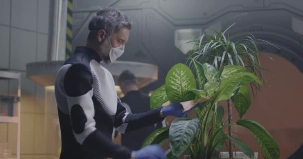 Scientist examining potted plant in Mars base — Stock Video