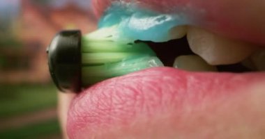 Diş fırçasıyla diş yıkayan kadın.