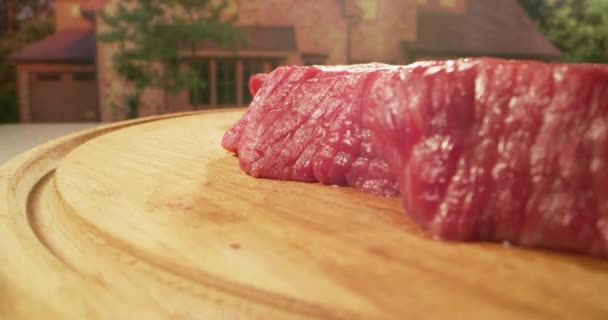 Carne tagliata a fette con coltello e salata — Video Stock