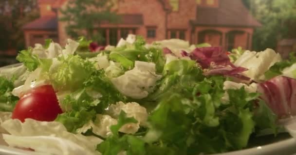 Färsk sallad på roterande tallrik — Stockvideo