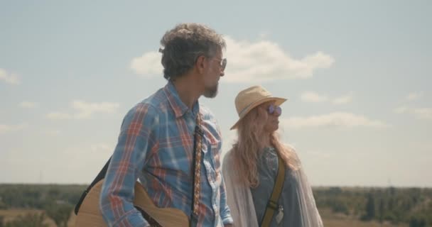 Musiciens marchent sur une prairie — Video