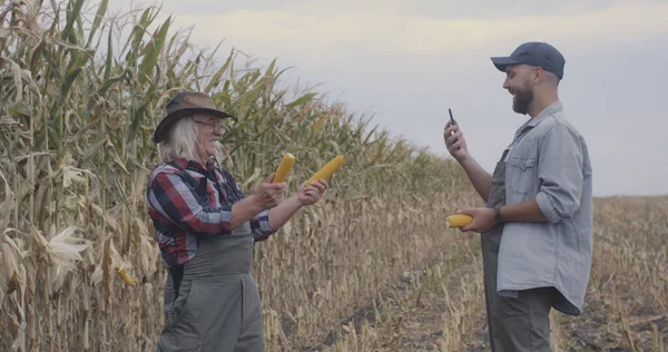Çiftçiler mısırla selfie çekiyorlar.