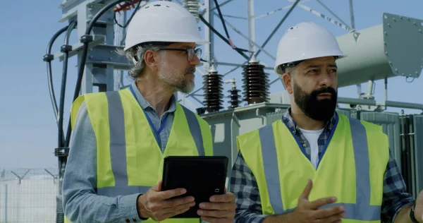 Ingeniero maduro mostrando datos a un colega barbudo — Foto de Stock