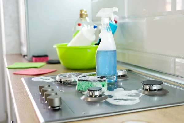 Различные Предметы Уборки Вашей Кухни Концепция Очистки — стоковое фото
