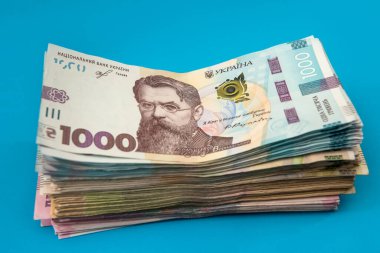 Ukrayna 'nın Hryvnia parası yeni banknotlar 1000 ve mavi üzerine 500 izole edilmiş. Yığınla para. UAH