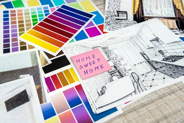 Disegno Casa Moderna Con Materiale Campione Sulla Scrivania Creativa Ufficio — Foto Stock