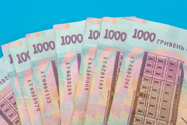 Uah Money Ukraine 1000 Hryvnia Ukrainian Banknote Isolated Blue Background — Stock Photo, Image