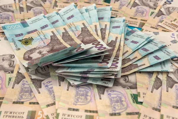 Consistenza Senza Soluzione Continuità Nuove Banconote 500 1000 Ucraine Mucchio — Foto Stock