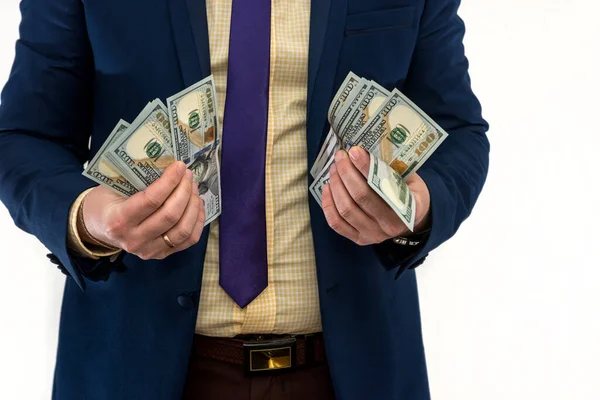 Business man hold and count money. Dollar in male hand, isolated on white. Saving concept