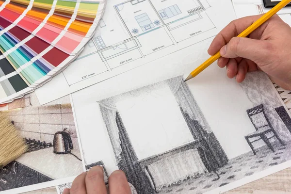 Designer Dipinge Uno Schizzo Moderno Dell Appartamento Casa Design Vista — Foto Stock