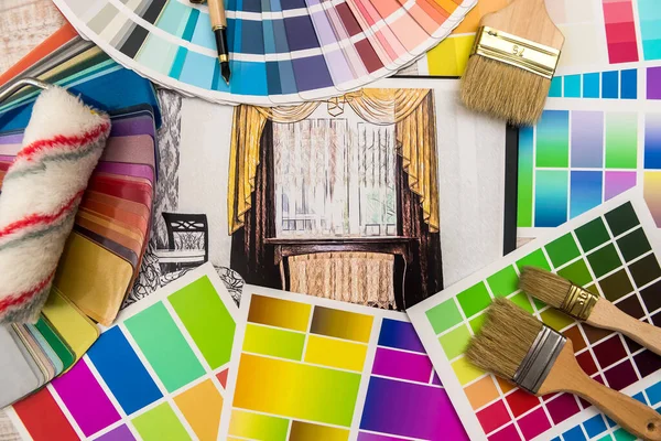 Concetto Interior Design Schizzo Appartamento Con Tavolozza Colori Strumenti — Foto Stock