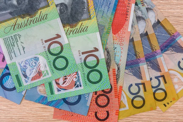 Coloridas Notas Dólar Australiano Fecham Mesa — Fotografia de Stock