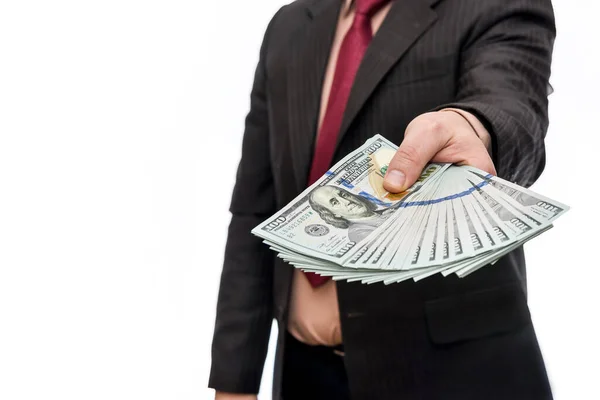 Mann Anzug Auf Weißem Hintergrund Zeigt Dollar Banknoten — Stockfoto