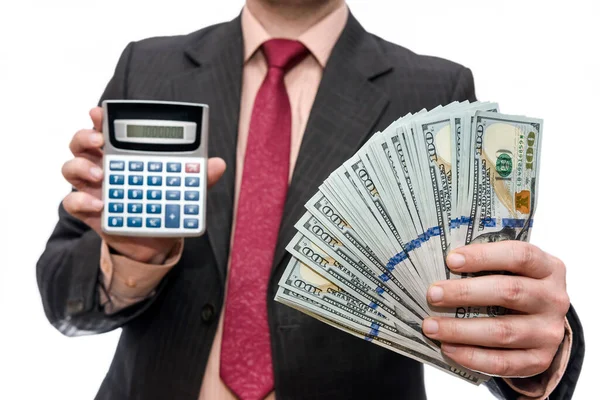 Man Holding American Dollar Banknotes Calculator — Stock Photo, Image
