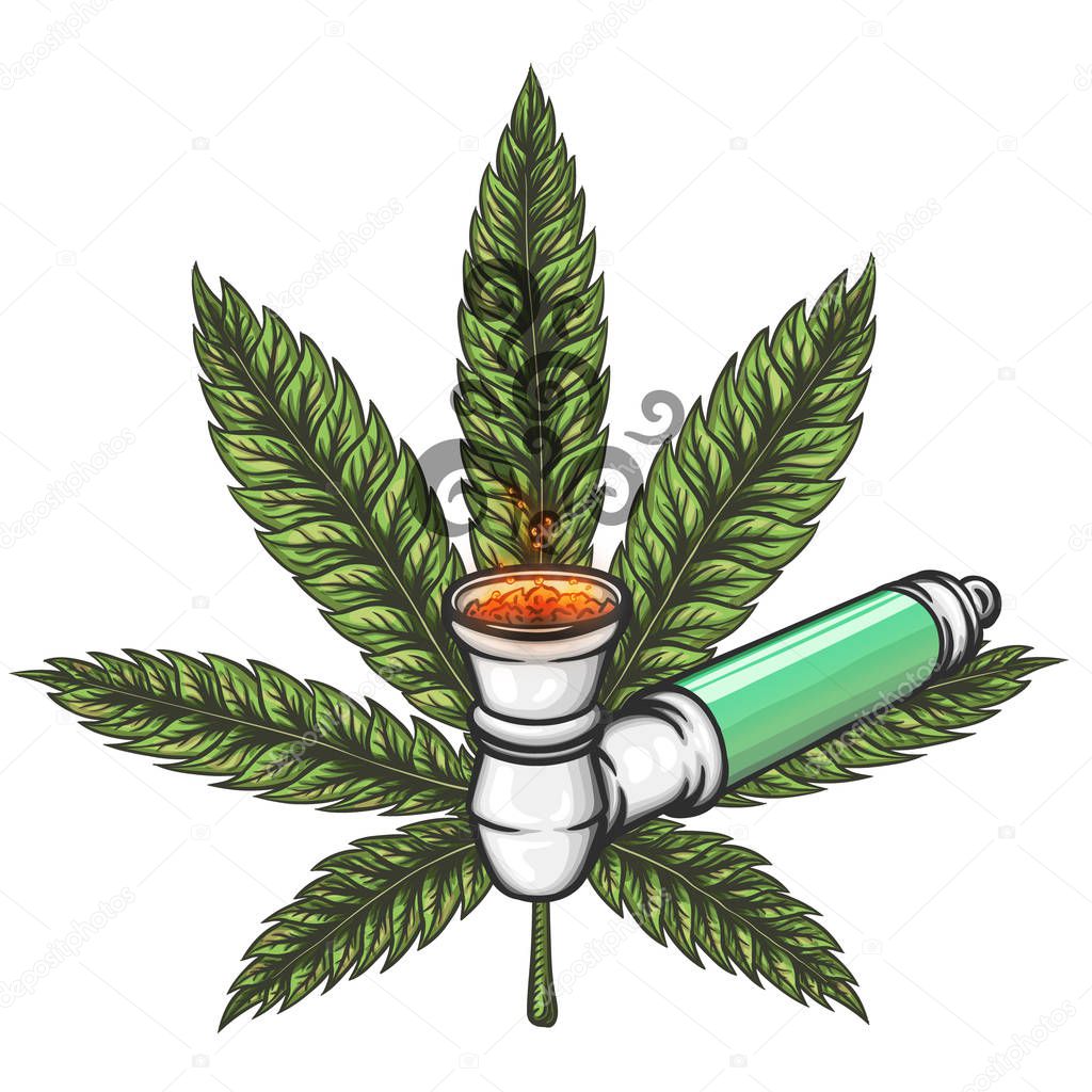 Cannabis leaf with pipe. Hand drawn isolated vector illustration.