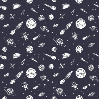 Elle çizilmiş astronomi doodle seamless modeli.