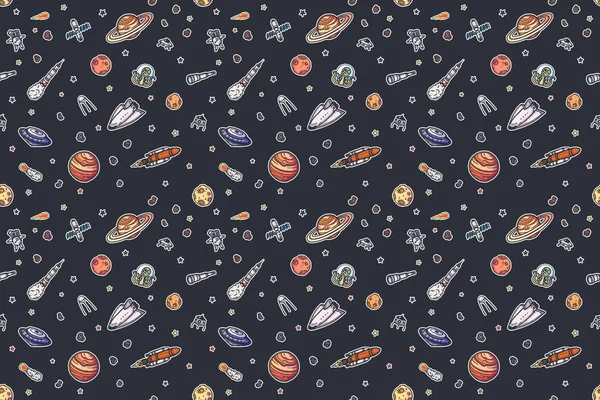 Hand drawn astronomy doodle seamless pattern.