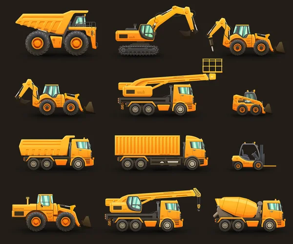 Construction Machinery Isolated Vector Illustrations Set Dark Background — Stock Vector