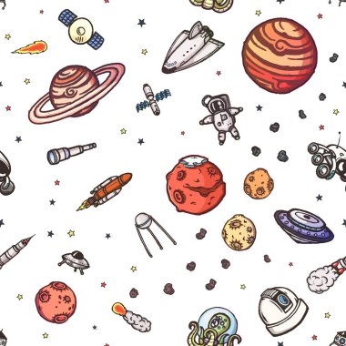 Elle çizilmiş astronomi doodle seamless modeli.
