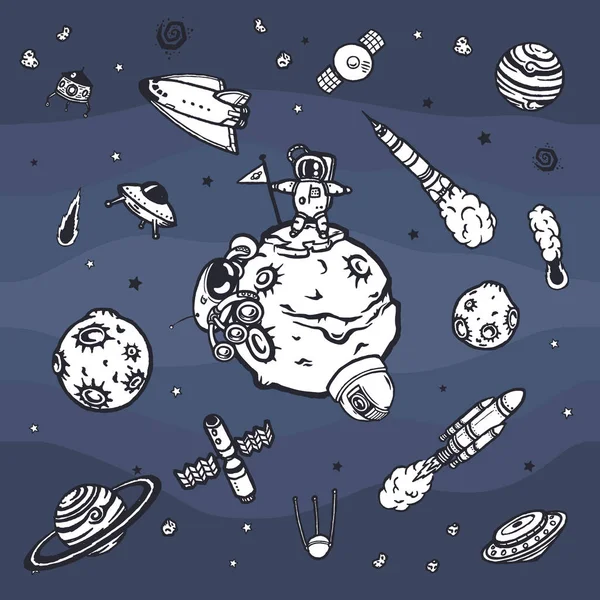 Handgezeichnete Reihe von Astronomie-Doodles. — Stockvektor