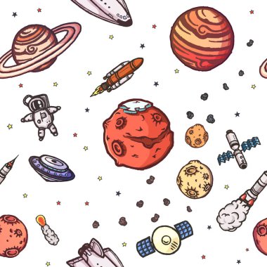 Elle çizilmiş astronomi doodle seamless modeli.