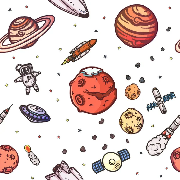 Handgezeichnetes Astronomie-Doodle-nahtloses Muster. — Stockvektor